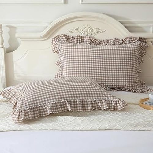 Taupe/White Plaid Ruffle Pillowcases Farmhouse Standard Size Pillow Shams 20"x26",Shabby Checkered Gingham Washed Cotton Pillow Covers Set of 2