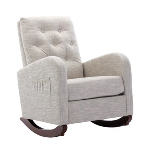 MOONMISS Polyester Upholstered High Back Mid-Century Modern Tufted Nursery Rocking Chair with Side Pocket-Light Gray