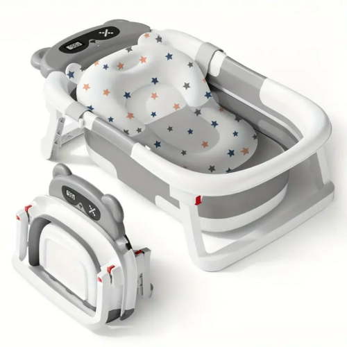 Baby bathtub with soft cushion and thermometer, portable travel folding baby bathtub, bathtub with drainage hole, durable folding baby bathtub, suitable for newborns to toddlers, Christmas gift(Grey)