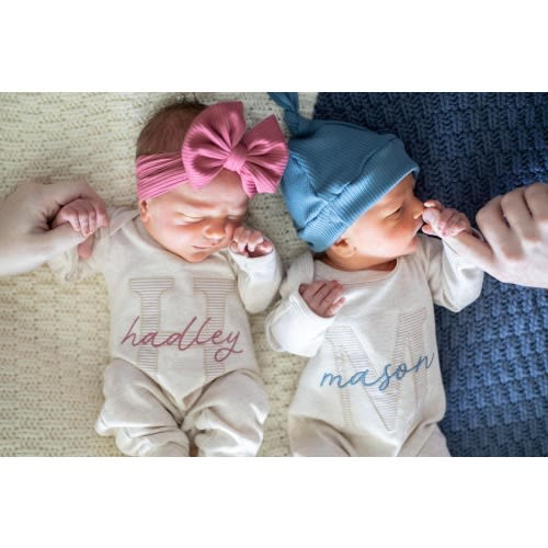 Boy girl twin coming home outfits, oatmeal footed romper, pink, blue, twin baby outfit