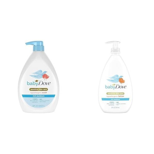 Baby Dove Sensitive Skin Care Baby Wash Rich Moisture For Baby Bath Time Tear-Free & Sensitive Skin Care Baby Lotion For a Soothing Scented Lotion Calming Moisture - Baby Wash + Sensitive Skin Care Body Lotion