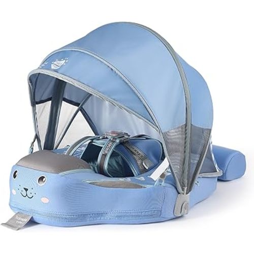 2025 New Upgrade Mambobaby Float with UPF 50+ Sun Protection Canopy Big Buoyancy Non-Inflatable Solid Baby Swim Pool Float for Ages 3-24 Months(Baby Blue)