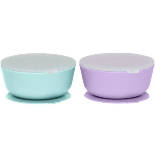 Weesprout Suction Bowls for Baby & Toddlers, 100% Silicone with Plastic Lid, 12 oz - Pastel Mint, Pastel Purple, Set of 2