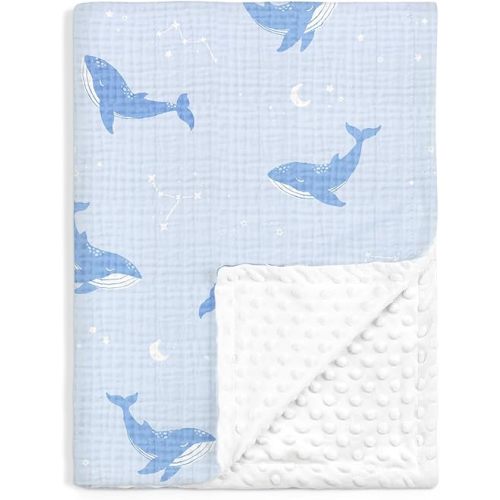 Whale Baby Blankets for Boys Girls, Soft Nursery Minky Blankets with Muslin and Dotted Fleece Back 30x40 inches, Receiving Bed Quilt for Newborn, Infants, Toddlers