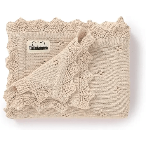 mimixiong Cotton Baby Blanket Knitted Crochet Receiving Crib Nursery Swaddling Blankets for Newborn Baby Boy Girl 30x40 Inch (Oatmeal)