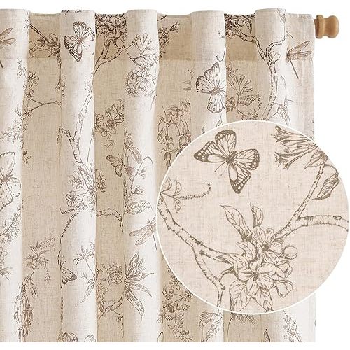 Lazzzy Taupe Floral Curtains 84 Inch Length Linen Farmhouse Back Tab Drapes for Living Room Bedroom Light Filtering Vintage Rod Pocket, 2 Panels, Taupe on Beige