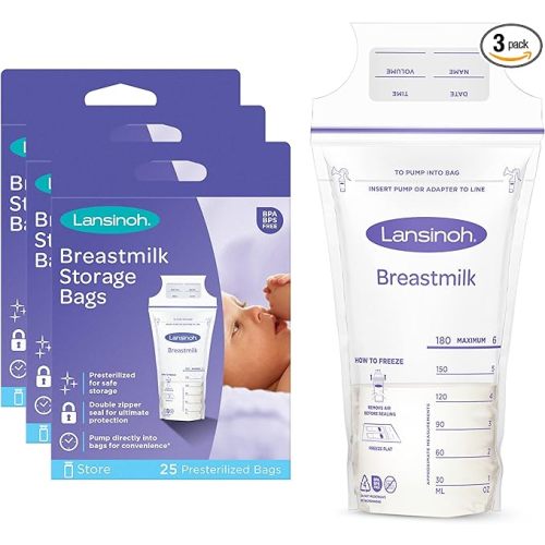 Lansinoh Breastmilk Storage Bags, 75 Count, 3 Packs of 25 Milk Bags, 6 Ounce, Easy to Use Milk Storage Bags for Breastfeeding, Presterilized, Hygienically Doubled-Sealed for Refrigeration and Freezing - 75.0