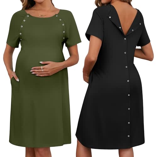 Huukeay 2 Pack Labor Delivery Nursing Hospital Gown Women's 35% Cotton Maternity Birthing Dress 3 In1 Breastfeeding Pajamas
