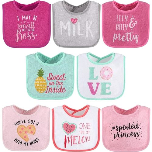 The Peanutshell Terry Bib Set for Baby Girls, 8 pack for Feeding, Teething, & Drooling