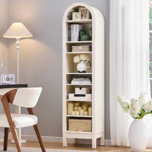 SinCiDo 71" Arched Bookshelf, 8 Tiers Bookshelf Storage Cabinet w/Adjustable Shelves, Wood Bookshelf w/Open Display Shelf for Home Office, White