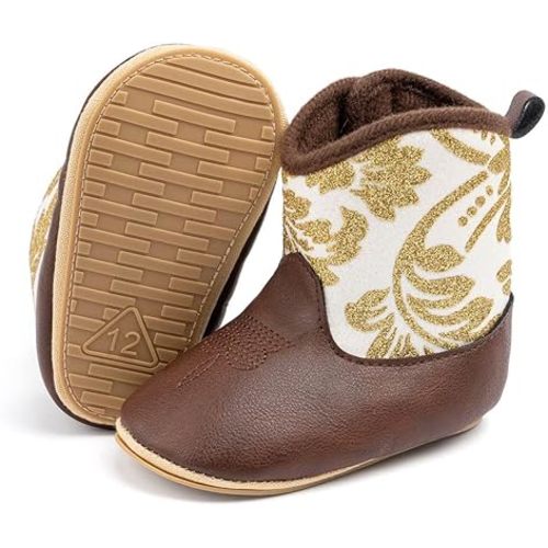 Meckior Baby Girls Cowboy Boots Side Zipper Moccasins Soft Bottom Non-Slip Toddler Shoe