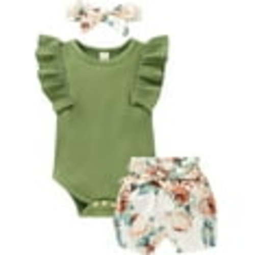 Younger Tree Toddler Baby Girl Summer Short Sleeve Romper Shorts Headband Clothes Outfits Set for 12-18 Months