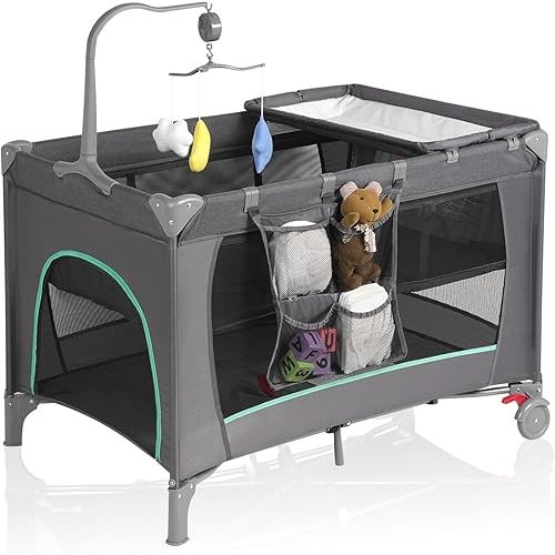 Pack and Play, Travel Crib, with Changing Table, Portable Pack and Play, with Carry Bag, Foldable, Portable Crib for Toddlers 1-3 (B-Grey)