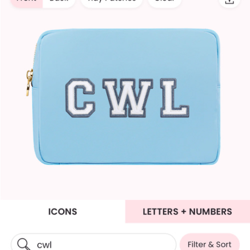 Large Pouch perriwinkle, denim varsity letter patch