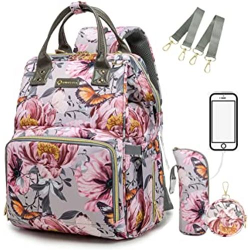Floral Diaper Bag Backpack with Coin Bag USB Charging Port Stroller Straps and Insulated Pocket,Travel Nappy Backpack For Women/Mom (Grey Pink Flower Pattern)