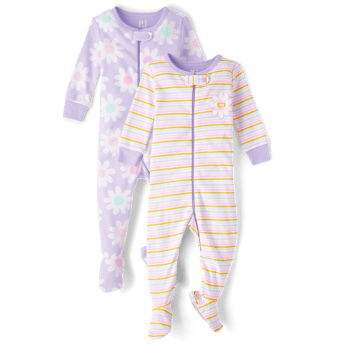 Baby And Toddler Girls Rainbow Floral Snug Fit Cotton Footed One Piece Pajamas 2-Pack - Purple