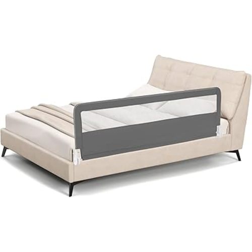 BABY JOY Bed Rails for Toddlers, 71'' Extra Long, Swing Down Bed Guard w/Safety Strap, Folding Baby Bedrail for Kids Twin, Double, Full Size Queen & King Mattress (71-Inch, Gray)