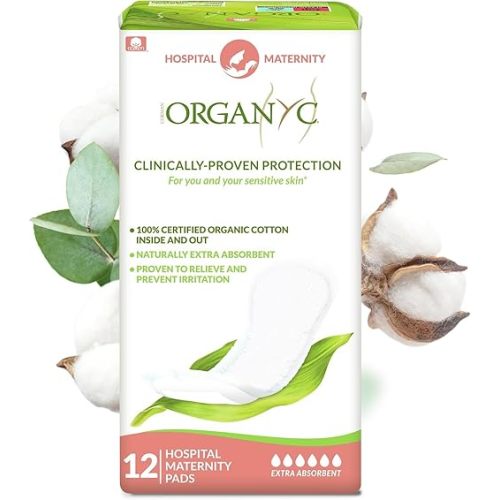 Organyc Hospital Postpartum Pads, 100% Certified Organic Cotton Pads for Women, Large Pads for First Days After Delivery, 12 Counts