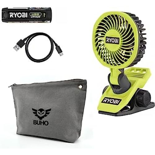 Buho Clamp Fan Accessory Bundle - Ryobi USB Fan Powerful Cooling Adjustable Head Multi-Directional Airflow 2 Speed Settings 135 CFM 7 Hours Runtime Clamping Capacity Zipper Pouch