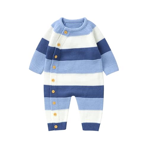 Mokoggiri Infant Girl Boy Striped Sweater Romper Button Up Long Sleeve Full Length Jumpsuit Newborn Baby Coming Home Outfit