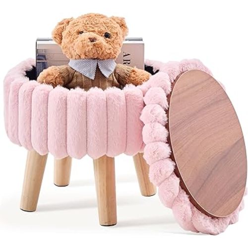 Wimarsbon Storage Ottoman,Soft Faux Fur Footstool with Padded Seat, Small Reading Vanity Chair, Footrest with Wood Tray for Couch, Mini Coffee Table or Display Stand (Pink, Round Storage)