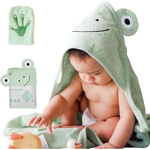 CuddleBug Premium Hooded Baby Bath Towel & Washcloth Set (Frog) - 100% Cotton Terrycloth Hooded Baby Towels for Newborn & Toddler, Super-Soft & Absorbent, Newborn Essentials (30" x 30") - Sage Green