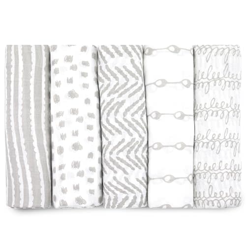 Muslin Swaddle Blankets for Newborn, 5 Pack Neutral Receiving Blanket, Muslin Blanket Swaddles Wrap for Boys and Girls, Baby Essentials, 47x47 Inches Large Size, 100% Cotton, Grey