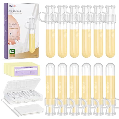 Nuliie Colostrum Collector Kit 7ml/12pcs, Leakproof, Reusable Breast Milk Collector, Heat & Freezer Resistant, BPA-Free, With Cotton Cloth Wipe, Storage Case, Cleaning Brush -Ready-to-Use for Newborns