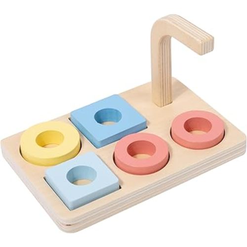 Adena Montessori Wooden Stacking and Sorting Ring,Wooden Rings on Peg,5 Shapes on Curved Peg Horizontal Dowel Variation,Baby Toddler Educational Eearly Learning Toys for 1 Year Olds Boy and Girl Gift