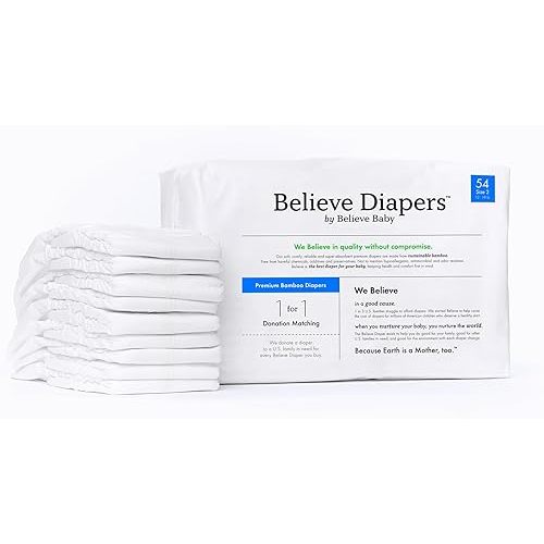Believe Diapers Viscose Bamboo Diapers Size 2 12-18 Lbs 54 Count – Natural Baby Diapers, Chemical Free Natural Diapers for Sensitive Skin, Super Absorbent Clean Diapers, Unscented Plain White Diapers
