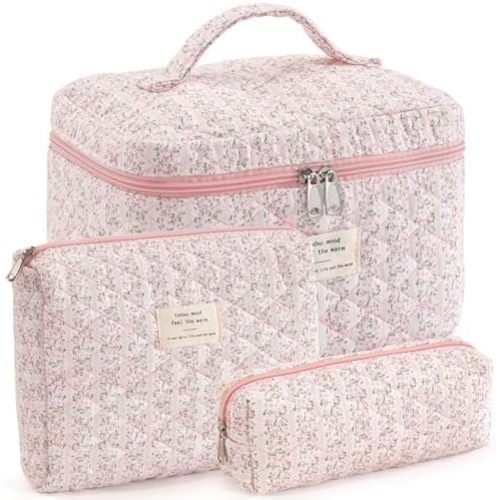 Makeup Bag for Women 3PCS Quilted Cotton Make Up Bag Travel Cosmetic Bag Large Makeup Bag Set Cute Makeups Organizer Floral Toiletry Pouch for Purse, Pink Stripe