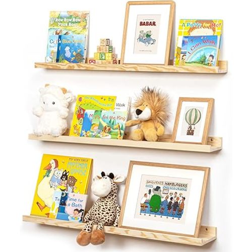 Picture Ledge Shelf for Wall, 36 inches Solid Pine Wood Nursery Book Shelves 3 Packs, Floating Ledge Shelves for Kids' Room Bedroom Bathroom Living Room Photo Frames Office Nursey Wall Decor, Natural