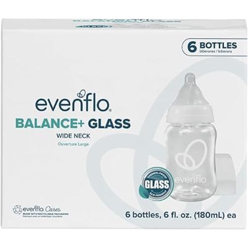 Evenflo Balance+ Glass Wide Neck Baby Bottles, Clear, 6 fl oz, 6 Pack