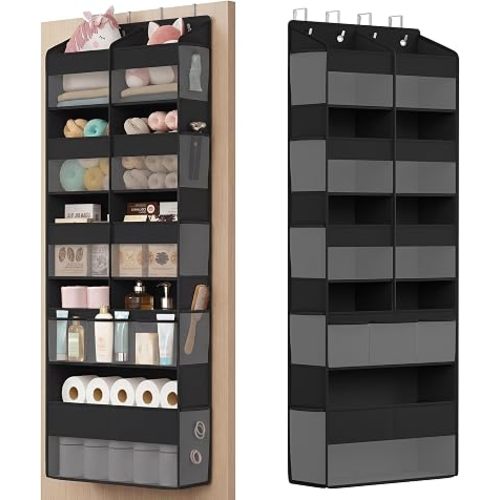 SONGMICS Over-the-Door Organizer, 9-Compartment Door Hanging Storage Shelf, Foldable Closet Hanging Organizer, Heavy-Duty, Metal Hooks, Transparent, Ink Black URDH009BH01
