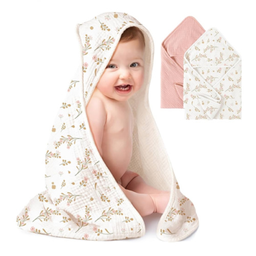 Konssy 2-Pack Muslin Hooded Baby Towels, 100% Cotton, Ultra-Soft & Absorbent Baby Bath Towels with Hood for Newborn & Infant (Pink, Floral,30" x 30")