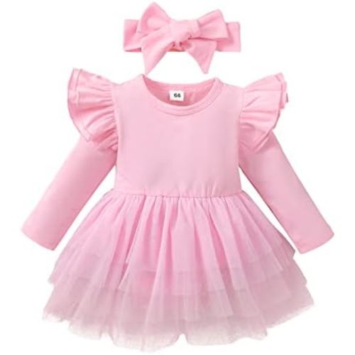 Baby Girl Clothes Infant Ruffle Sleeve Romper Dress Newborn Solid Tutu Skirt Sets Jumpsuit Headband Outfit