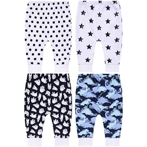 Pack of 4 Baby Jogger Pants - Soft Cotton Pants for Boys and Girls - Unisex Cute Color Designs for Infants