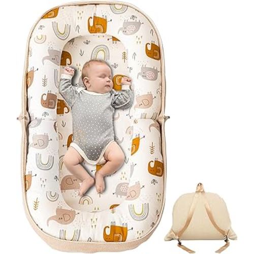 Pseul Baby Nests, 80x40cm Baby Lounger with Soft Memory Foam Mat, Portable 100% Breathable Cotton Baby Lounger Nest Converts to Backpack for Travel for Newborn & Babies, 0-12 Months(White-Elephant)
