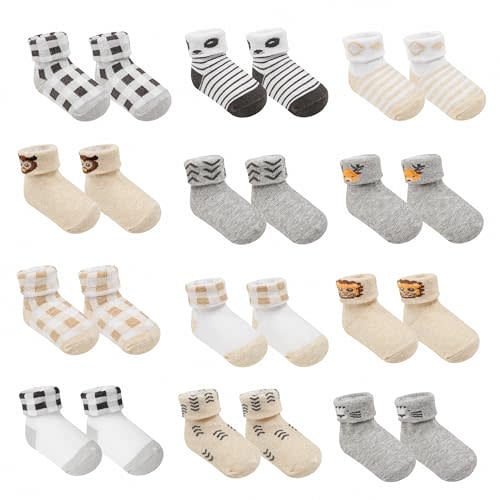Baby Socks 12 Pairs - Non-Slip Infant Grip for Newborns & Toddlers 0-6 Months, Boys & Girls, Safe for Walking