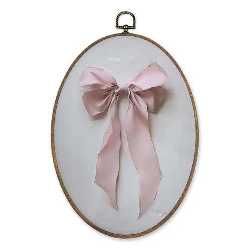 LKETW Coquette Pink Bow Oval Wall Art Decor, Preppy Girly Oval Canvas Hanging Decor, Preppy Pink Ribbon Bow Wall Decorations for Girls Room Bedroom Dorm Apartment, 8.6x11.4 Inch