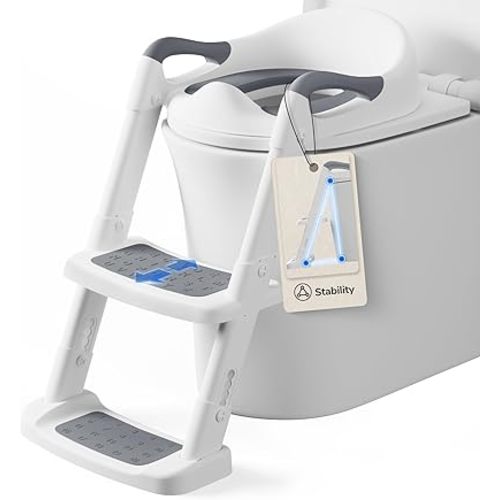 DEANIC Potty Training Toilet Seat with Step Stool Ladder Updeated PU Cushion, Toddler Toilet Seat Attachment for Boys Girls, Foldable Potty Seat for Kids, Anti-Slip Pads (Grey)