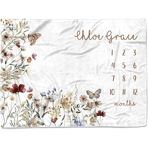 Personalized Wildflower Baby Milestone Blanket Girls - Custom Sport Monthly Blankets with Name for Girl - Customized Shower Gifts - Soft Plush Fleece