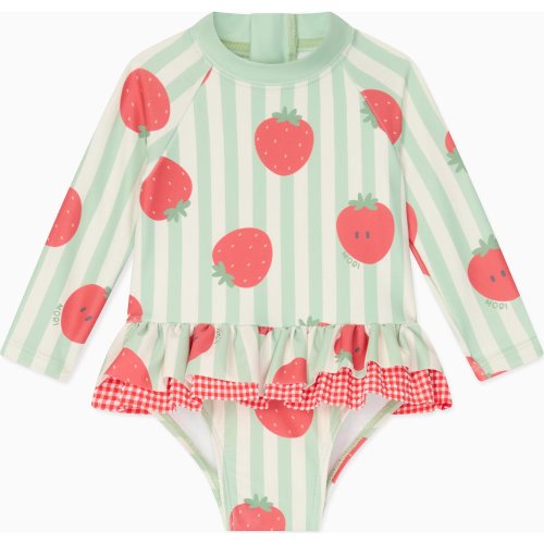 Strawberry and Green Stripe Frill Long Sleeve Swimsuit - MORI Swim | Maisonette
