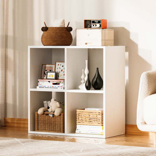 COMHOMA 4 Wood Cube Storage Organizer with Open Back and Removable Back Panels, 11In White Cube Storage Bookshelf, Cubicle Shelf Bookcase for Home Office Bedroom Living Room, Vertical or Horizontal