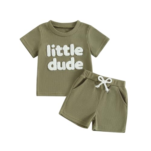 Blotona Embroidery Baby Boy Clothes Summer Short Sleeve Little Dude Print T-Shirt Tops Shorts Set Waffle Knit Outfit