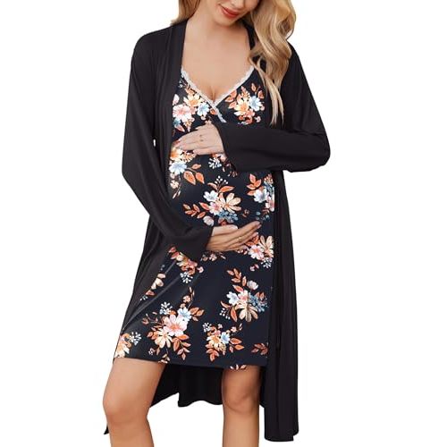 Ekouaer Womens Maternity Nursing Gown and Robe Set Labor Delivery Nuring Nightgowns for Hospital Breastfeeding Robes