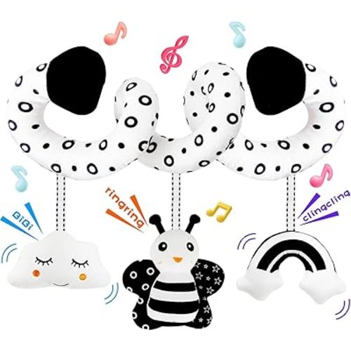 kizh Baby Hanging Stroller and Car Seat Toys High Contrast Baby Toys for Newborn Black and White Sensory Plush Activity Toys for Babies 0-6 Months-BEE