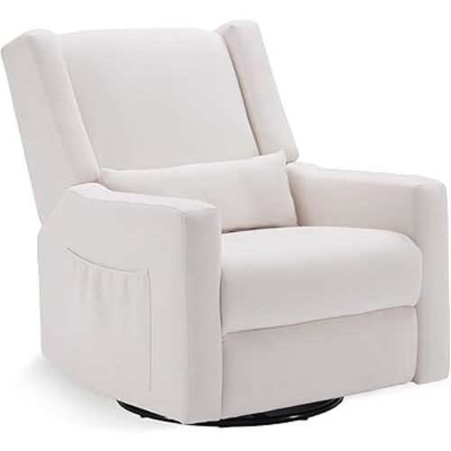 Tbfit Recliner Chair Swivel Glider, Nursery Rocker Recliners with Lumbar Support, Rocking Sofa Chair, Overstuffed Manual Glider Recliner for Baby Room, Living Room, White, Ring Switch
