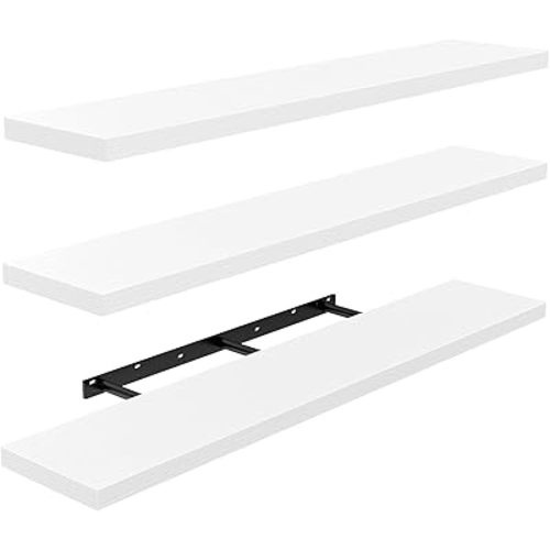 AMADA HOMEFURNISHING 47.2" L Floating Shelves, Wall Shelves Set of 3 for Bathroom/Living Room/Bedroom/Kitchen, White Floating Shelves for Wall Decor with Invisible Brackets - AMFS55W