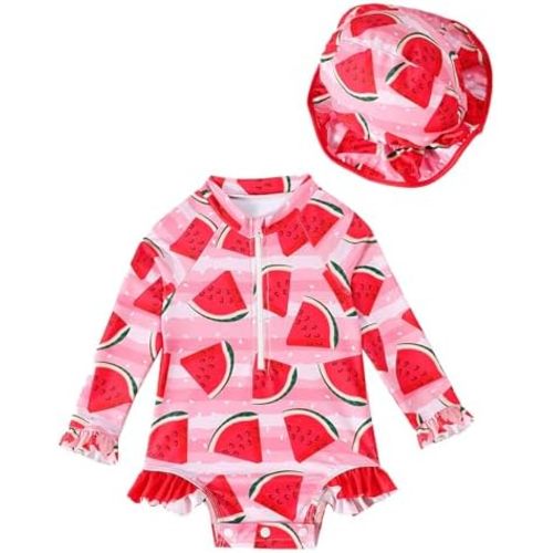puseky Baby Girls One Piece Swimsuit Zip Rash Guard with Hat Set Swimwear Ruffled Cute Newborn Baby Girl Bathing Suit
